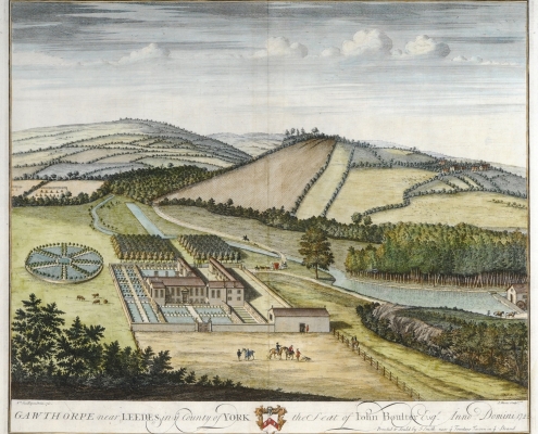 A colourful but old painting of Gawthorpe near Leeds. A crest and some descriptive writing are at the bottom of the painting, which shows a grand house amidst some fields.