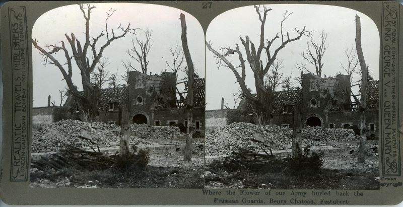 A card showing a black and white image of a building that has been damaged.