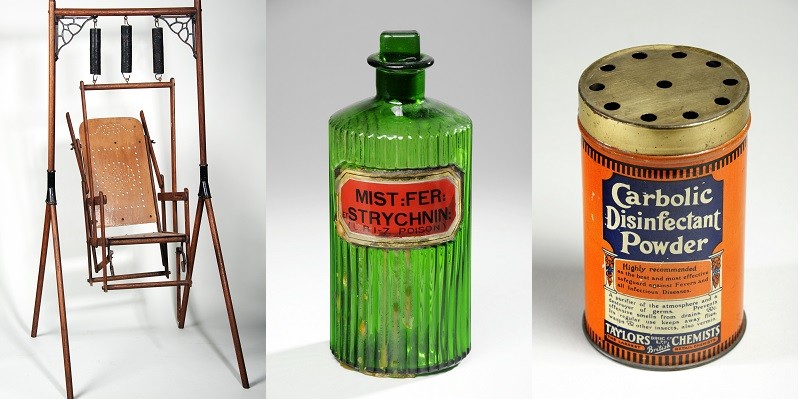 A swing, poison bottle and carbolic powder tin