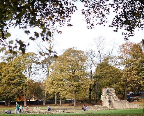 A view of the ruins in the park at Kirkstall Abbey