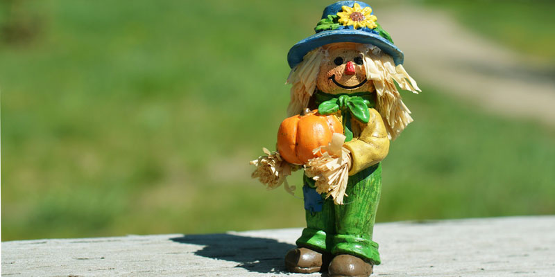 A small scarecrow doll with a mini pumpkin