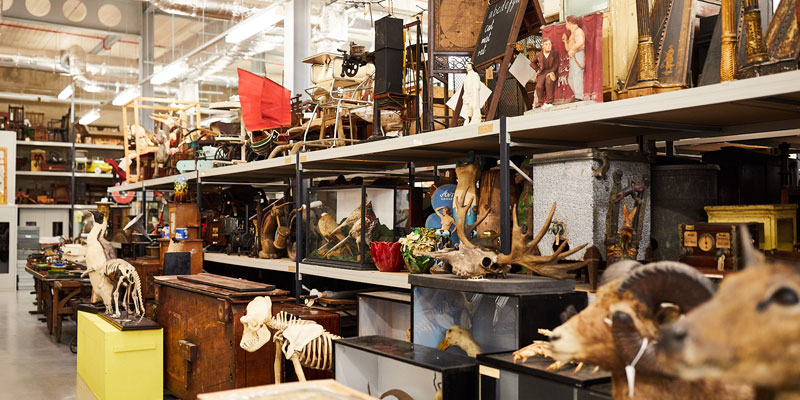 shelves stacked with objects in a bright museum storage facility