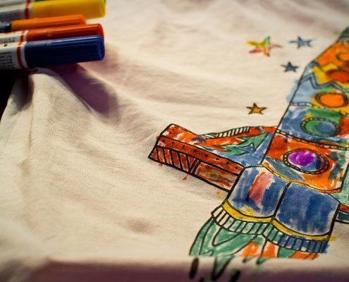 A space rocket which has been colored in using bright colouring pens