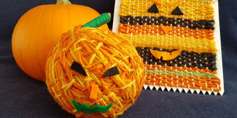 A pumpkin, a 2d sewn pumpkin patch and a weaved pumpkin make from different orange threads