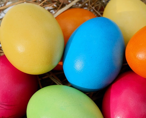 Brightly coloured painted eggs placed inside a nest