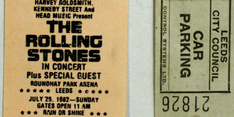 A ticket stub for a Rolling Stones concert at Roundhay Park and the accompanying car park ticket