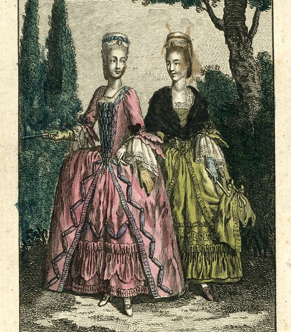 A fashion plate of two ladies wearing the dresses of 1774
