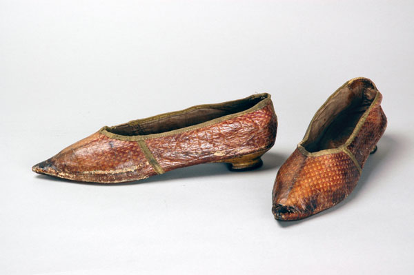 A pair of shoes from circa 1800, made from animal skin