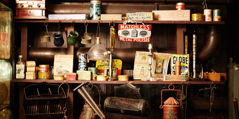 Different objects for sale at a recreated Victorian shop in Abbey House Museum