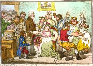 A satirical cartoon showing a doctor innoculating patients.