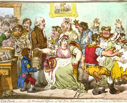 A satirical cartoon showing a doctor innoculating patients.