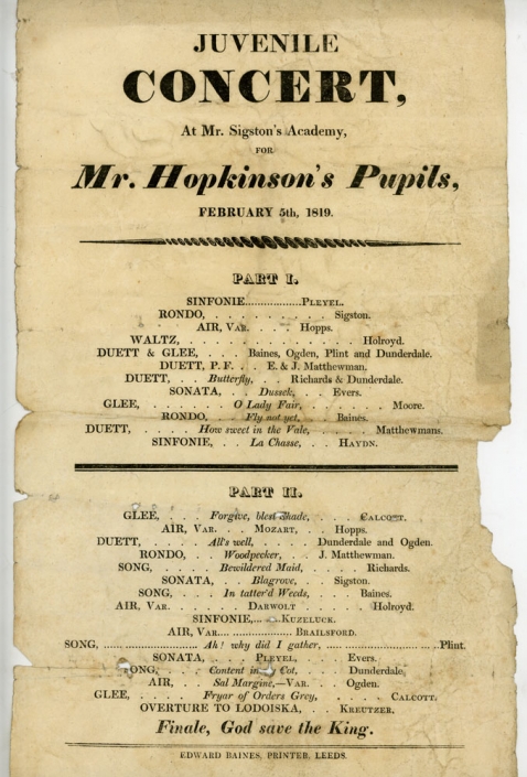 Programme for Juvenile Concert at Mr. Sigston's Academy for Mr. Hopkinson's Pupils, February 1819.