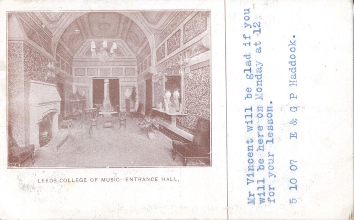 Leeds College of Music (now the Yorkshire College of Music and Drama) founded in 1894 by Edgar and George Haddock. Postcard showing the Leeds College of Music, 1907.
