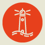 An illustration of a lighthouse on a red background