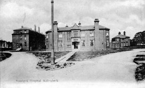 A black and white photograph of Killingbeck hospital