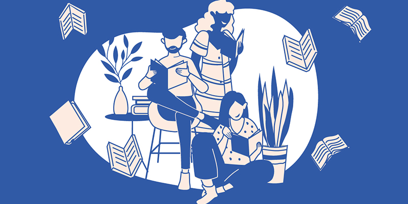Digital artwork of three people reading with books floating around them