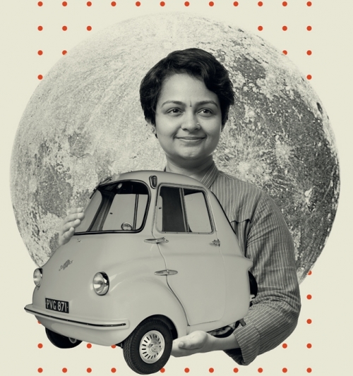 a graphic of a woman holding a scootcar with a moon in the background