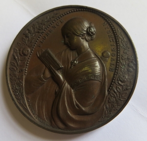 An 1856 bronze medal commemorating Florence Nightingale in recognition of her work in the Crimea. The reverse is inscribed: ‘As a mark of Esteem and Gratitude for her Devotion to the Queen's brave Soldiers'. These were probably made as a souvenir, although Florence herself was shy about her accomplishments and did not feel comfortable with her 'celebrity' status.