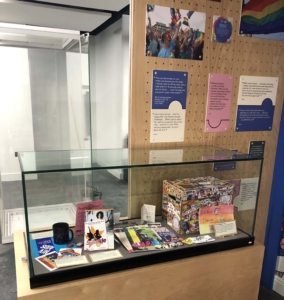A museum case with queer objects inside.