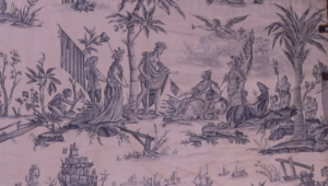 A blue and purple printed textile with colonial figures