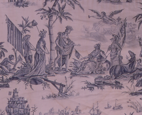 A blue and purple printed textile with colonial figures