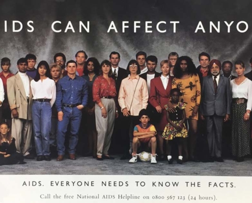 A poster with lots of different people standing up and the caption above them is AIDS can affect anyone