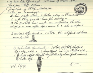 A handwritten page showing a list of objects written in very small hard to read writing
