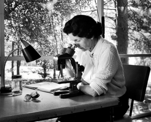 A black and white photograph of a woman looking into a microscope with a notebook next to her