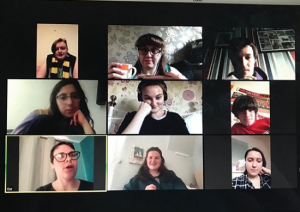 A screenshot of a zoom video call between 8 young people.