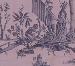 A close up of the textile showing a black male crouching behind a tree