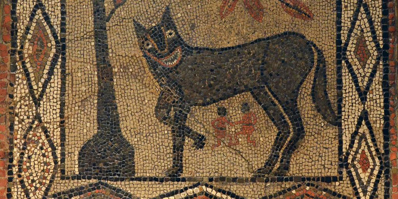 Detail from Mosaic depicting the She-wolf with Romulus and Remus, from Aldborough, 300-400 AD, Leeds City Museum