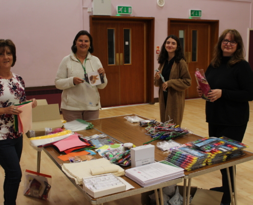 Stephanie Davies and volunteers at Blackburn Hall, organising craft packs for vulnerable people during lockdown