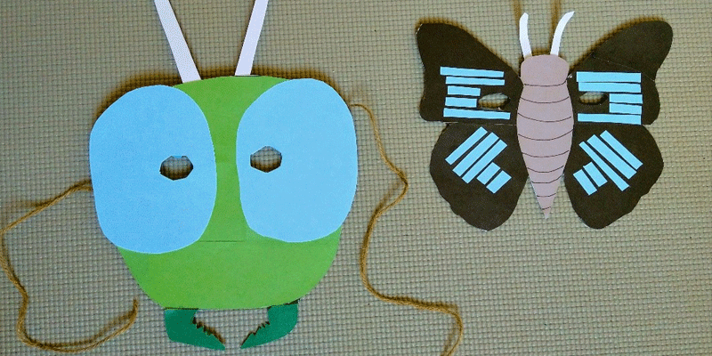 two masks made from household items in the shape of a grasshopper and butterfly