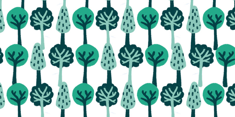 illustrated trees set against a white background