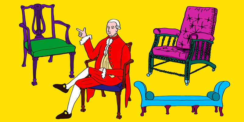 Illustration of chairs from LMG collection and a man in 18th century clothing sat on a chair in a cartoon format.