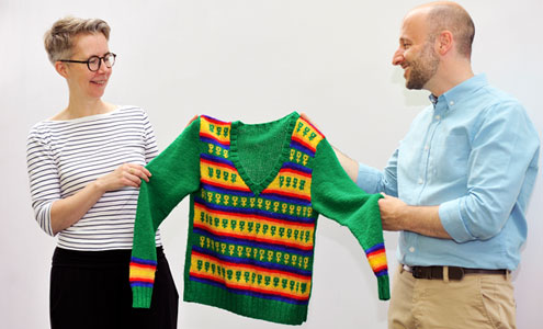 Ray and Ross with a Lesbian Lines knitted jumper