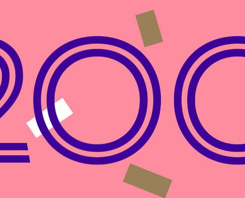 200 written in purple text on a pink background with white and gold confetti