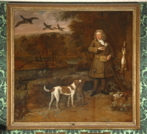 A painting of a Georgian man hunting in some woods with a dog