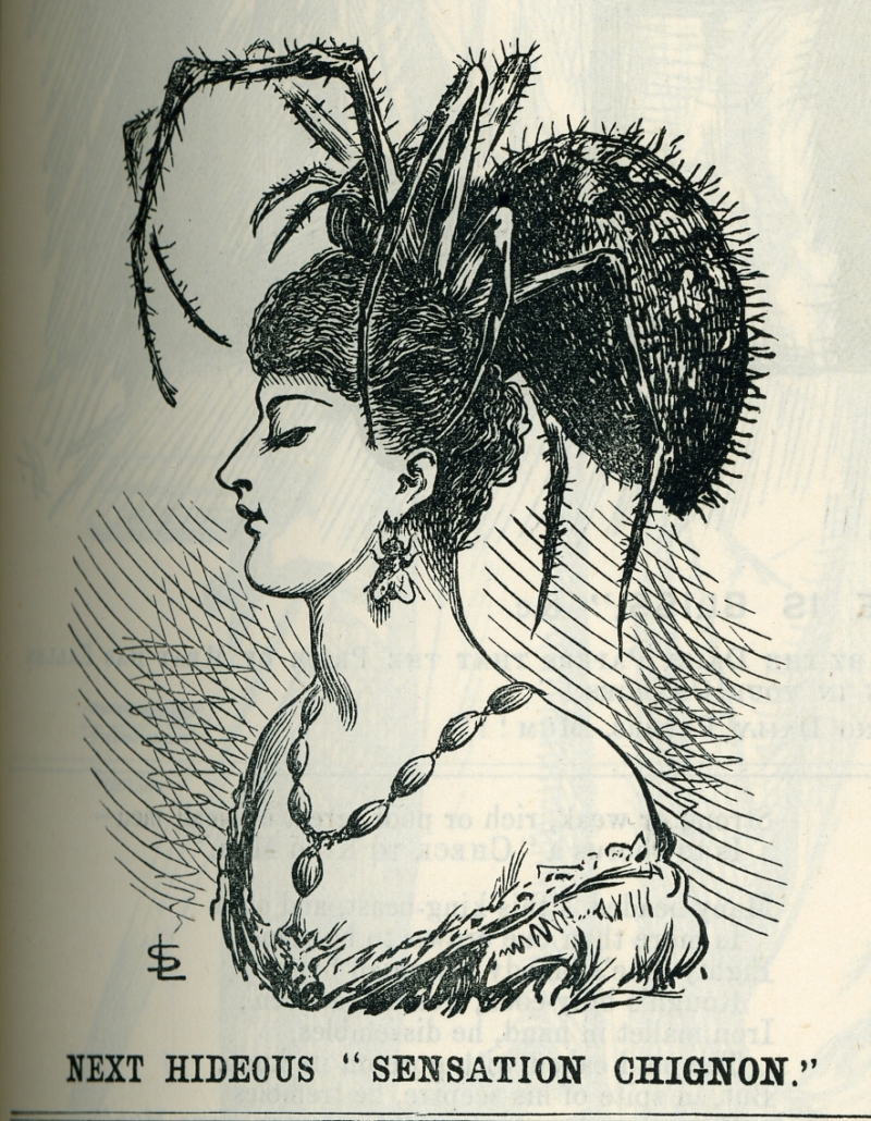 An illustration from a magazine showing a woman wearing a giant spider on her head.