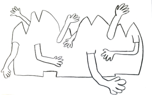 A sketch of an abstract scene of people's torsos and arms.