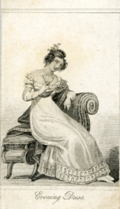 A fashion plate showing a woman in a long dress sitting on a chaise long and fanning herself