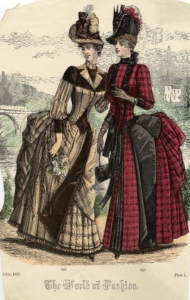 A fashion plate showing two women with large bustles