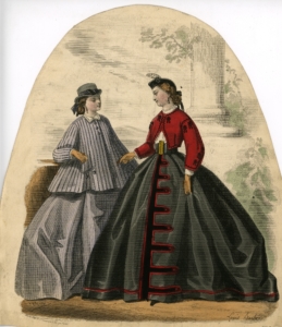 A fashion plate showing a drawing of 2 women wearing very large bell shaped skirts