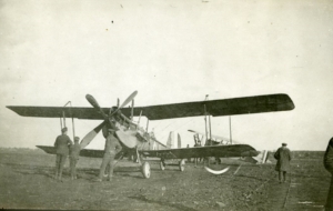 A sepia photograph of a RE8 plane