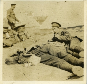 A sepia photograph of two army officers relaxing