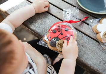 toddler clutching colourful biscuit