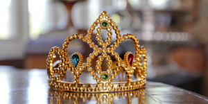 A children's crown sat on a wooden table