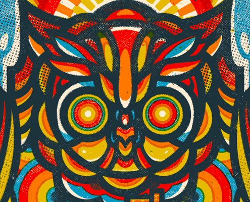 Cropped close up of the poster for the Leeds International Beer Festival featuring a colourful, stylized graphical leeds owl