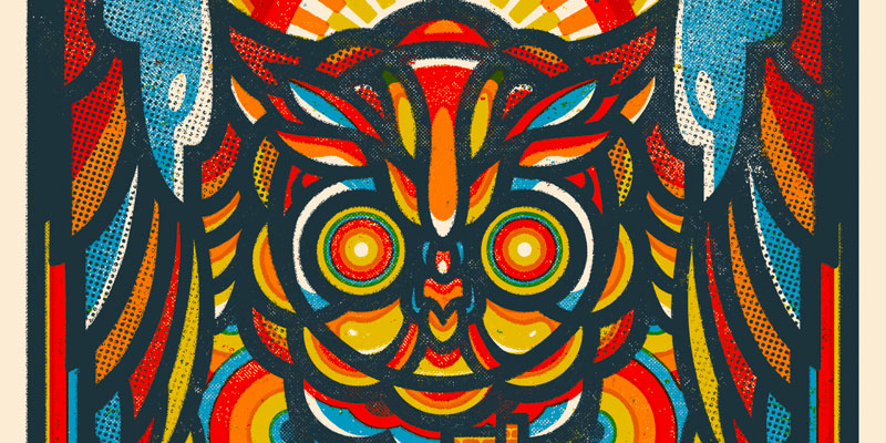 Cropped close up of the poster for the Leeds International Beer Festival featuring a colourful, stylized graphical leeds owl