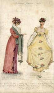 A drawing of 2 women, one in a red overcoat with a scarf and hat and the other in a yellow, loose dress with puff sleees and smaller headwear.